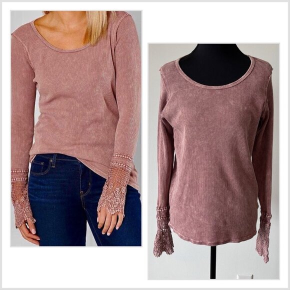BKE Long Sleeve Embroidered Cuffs Thermal Top L Boho Elena Gilbert Bella Swan - Picture 1 of 15